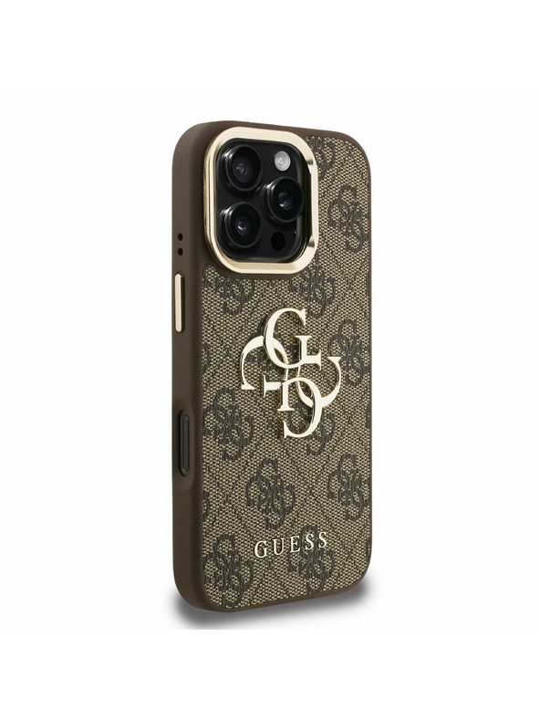 Guess Guess PU 4G Metal Logo Stand Kamera-Rahmen Rückseite Hülle für iPhone 16 Pro Braun