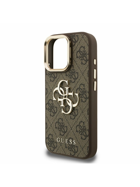 Guess Guess PU 4G Metal Logo Stand Kamera-Rahmen Rückseite Hülle für iPhone 16 Pro Braun