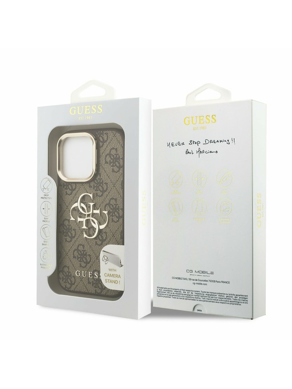 Guess Guess PU 4G Metal Logo Stand Kamera-Rahmen Rückseite Hülle für iPhone 16 Pro Braun
