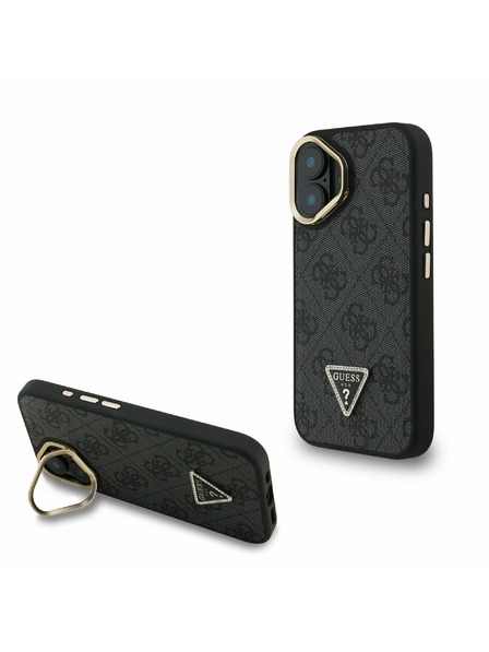 Guess Guess PU 4G Strass Dreieck Logo Stand Kamera-Rahmen MagSafe Rückseite Hülle für iPhone 16 Schwarz