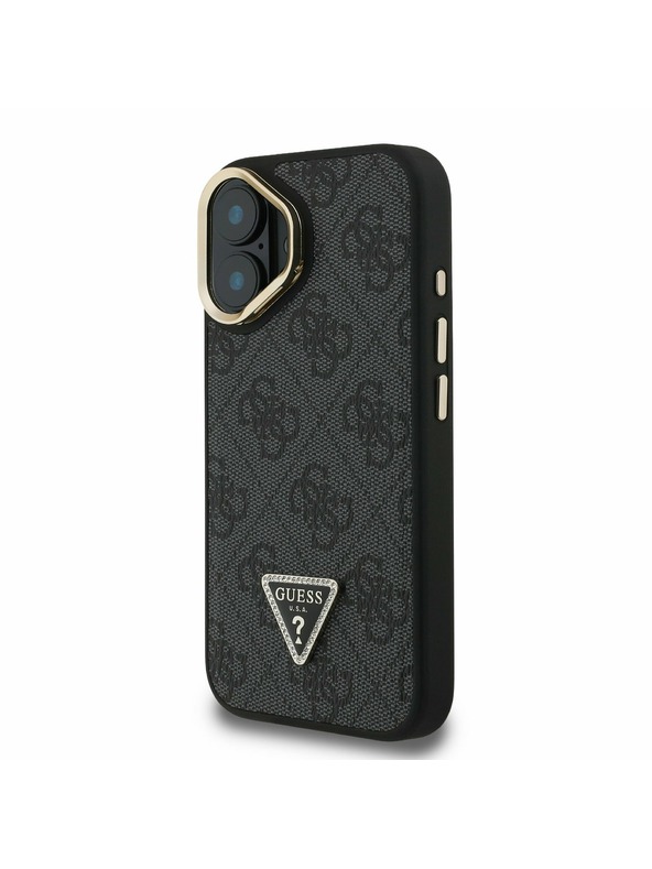 Guess Guess PU 4G Strass Dreieck Logo Stand Kamera-Rahmen MagSafe Rückseite Hülle für iPhone 16 Schwarz