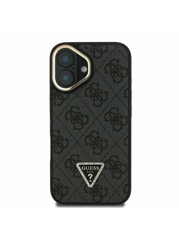 Guess Guess PU 4G Strass Dreieck Logo Stand Kamera-Rahmen MagSafe Rückseite Hülle für iPhone 16 Schwarz