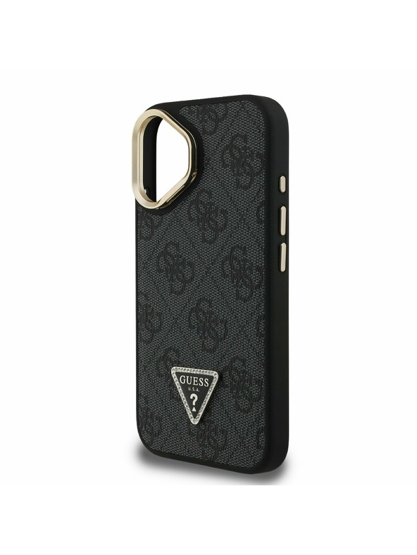 Guess Guess PU 4G Strass Dreieck Logo Stand Kamera-Rahmen MagSafe Rückseite Hülle für iPhone 16 Schwarz