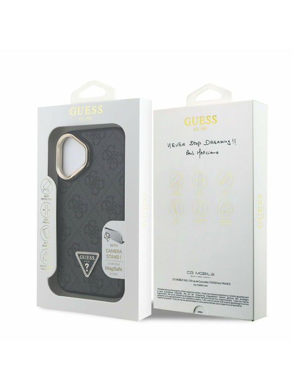 Guess Guess PU 4G Strass Dreieck Logo Stand Kamera-Rahmen MagSafe Rückseite Hülle für iPhone 16 Schwarz