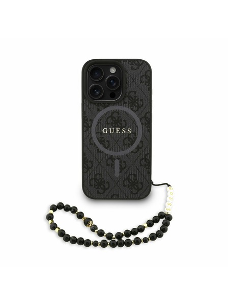 Guess Guess PU Leder 4G Farbiger Ring Riemen MagSafe Rückseite Hülle für iPhone 16 Pro Max Schwarz
