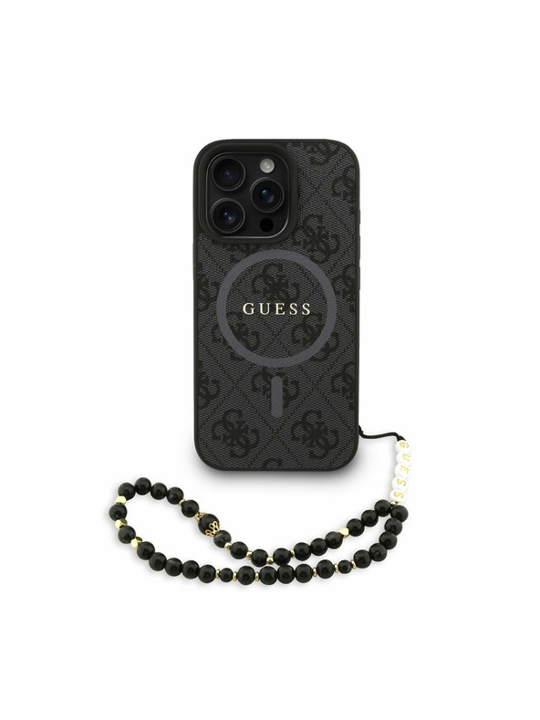 Guess Guess PU Leder 4G Farbiger Ring Riemen MagSafe Rückseite Hülle für iPhone 16 Pro Max Schwarz
