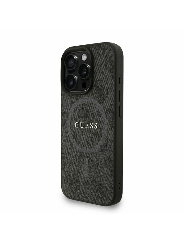 Guess Guess PU Leder 4G Farbiger Ring Riemen MagSafe Rückseite Hülle für iPhone 16 Pro Max Schwarz