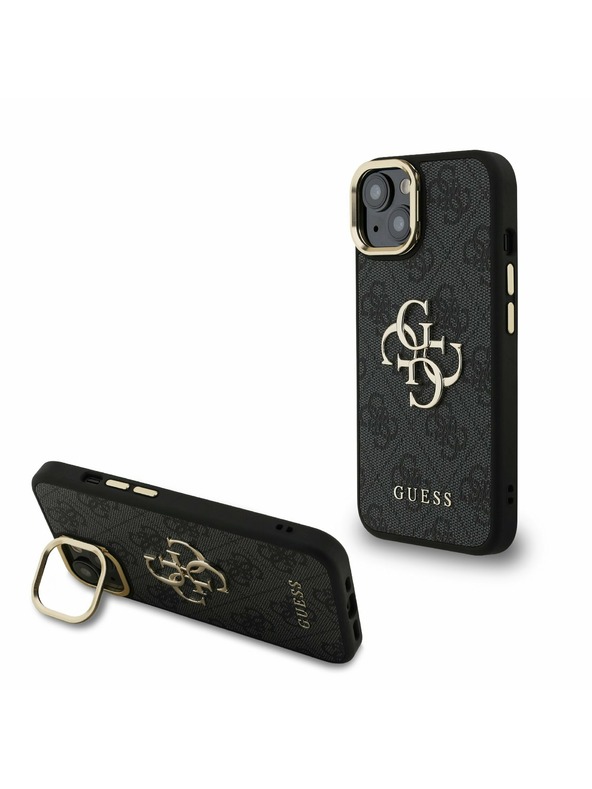 Guess Guess PU 4G Metal Logo Stand Kamera-Rahmen Rückseite Hülle für iPhone 13 Schwarz