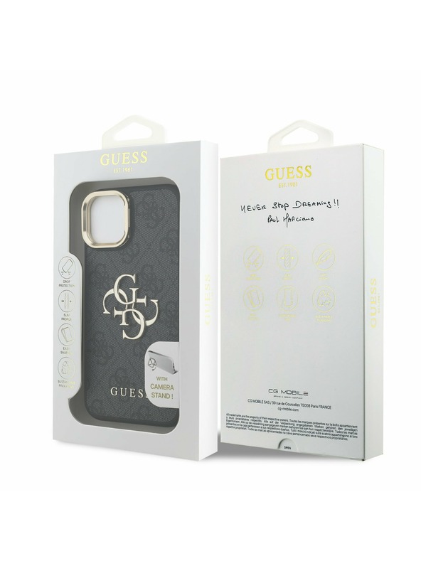 Guess Guess PU 4G Metal Logo Stand Kamera-Rahmen Rückseite Hülle für iPhone 13 Schwarz