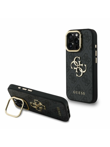 Guess Guess PU 4G Metal Logo Stand Kamera-Rahmen Rückseite Hülle für iPhone 15 Pro Schwarz