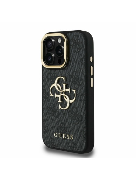 Guess Guess PU 4G Metal Logo Stand Kamera-Rahmen Rückseite Hülle für iPhone 15 Pro Schwarz