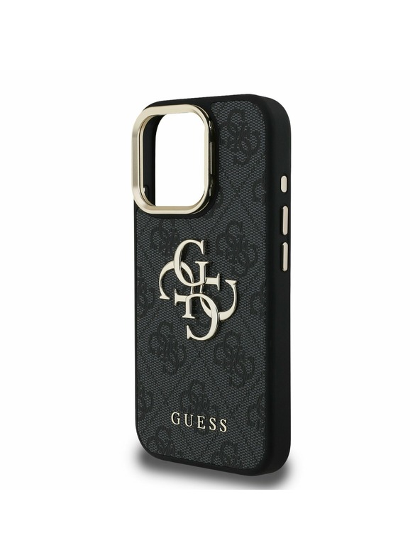 Guess Guess PU 4G Metal Logo Stand Kamera-Rahmen Rückseite Hülle für iPhone 15 Pro Schwarz