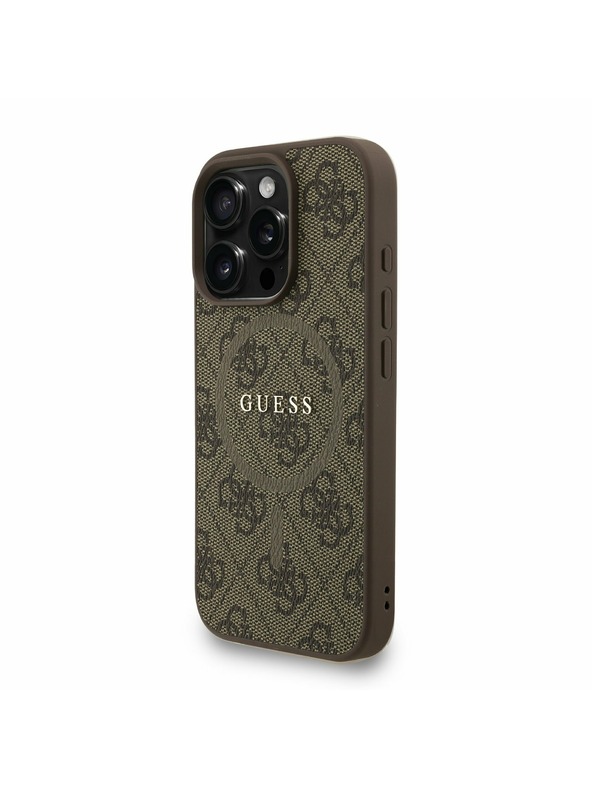 Guess Guess PU Leder 4G Farbiger Ring Riemen MagSafe Rückseite Hülle für iPhone 16 Pro Max Braun