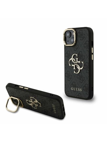 Guess Guess PU 4G Metall-Logo Ständer Kamera-Rahmen Rückseite Hülle für iPhone 14 Schwarz