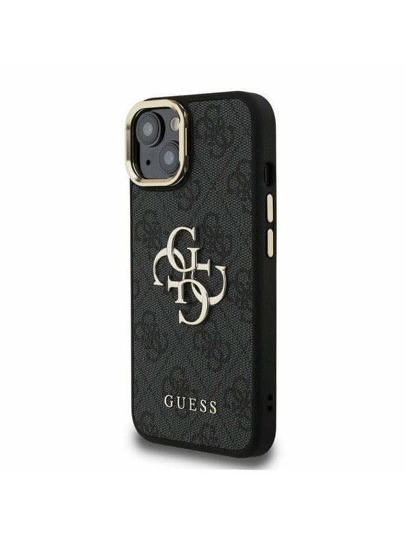 Guess Guess PU 4G Metall-Logo Ständer Kamera-Rahmen Rückseite Hülle für iPhone 14 Schwarz