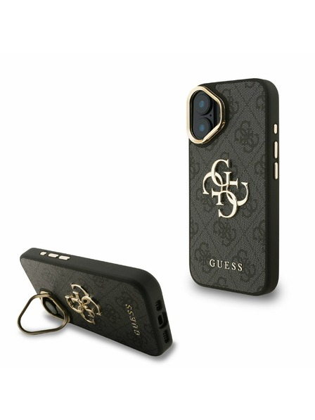 Guess Guess PU 4G Metall-Logo Ständer Kamera-Rahmen Rückseite Hülle für iPhone 16 Schwarz
