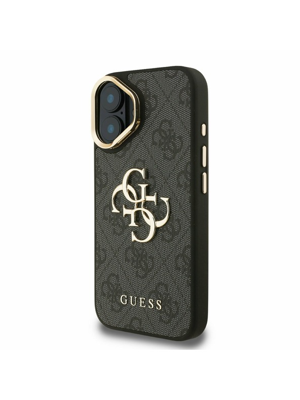 Guess Guess PU 4G Metall-Logo Ständer Kamera-Rahmen Rückseite Hülle für iPhone 16 Schwarz