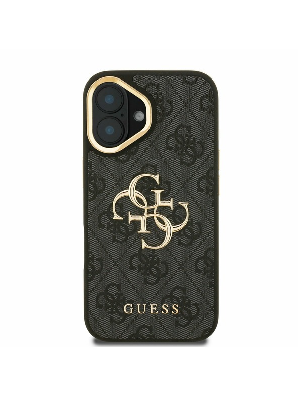 Guess Guess PU 4G Metall-Logo Ständer Kamera-Rahmen Rückseite Hülle für iPhone 16 Schwarz