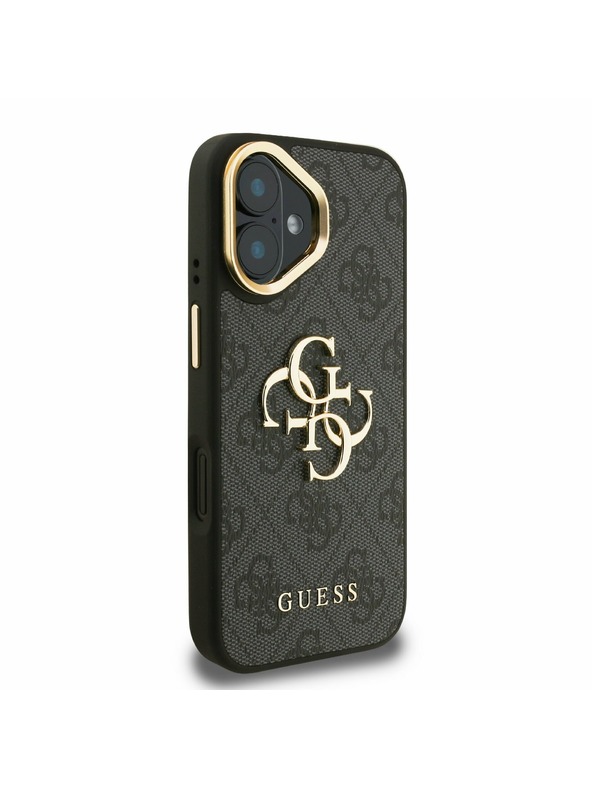Guess Guess PU 4G Metall-Logo Ständer Kamera-Rahmen Rückseite Hülle für iPhone 16 Schwarz