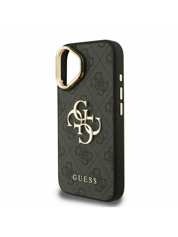 Guess Guess PU 4G Metall-Logo Ständer Kamera-Rahmen Rückseite Hülle für iPhone 16 Schwarz
