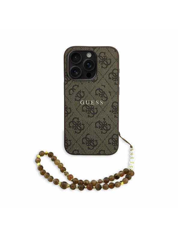 Guess Guess PU Leder 4G Farbiger Ring Riemen MagSafe Rückseite Hülle für iPhone 15 Pro Braun