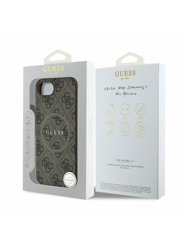Guess Guess PU Leder 4G Farbiger Ring MagSafe Rückseite Hülle für iPhone 16e Braun