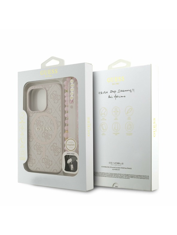 Guess Guess PU Leder 4G Farbiger Ring Riemen MagSafe Rückseite Hülle für iPhone 15 Pro Max Rosa