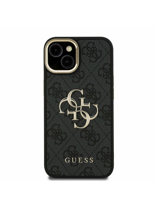 Guess Guess PU 4G Metall-Logo Ständer Kamera-Rahmen Rückseite Hülle für iPhone 15 Schwarz