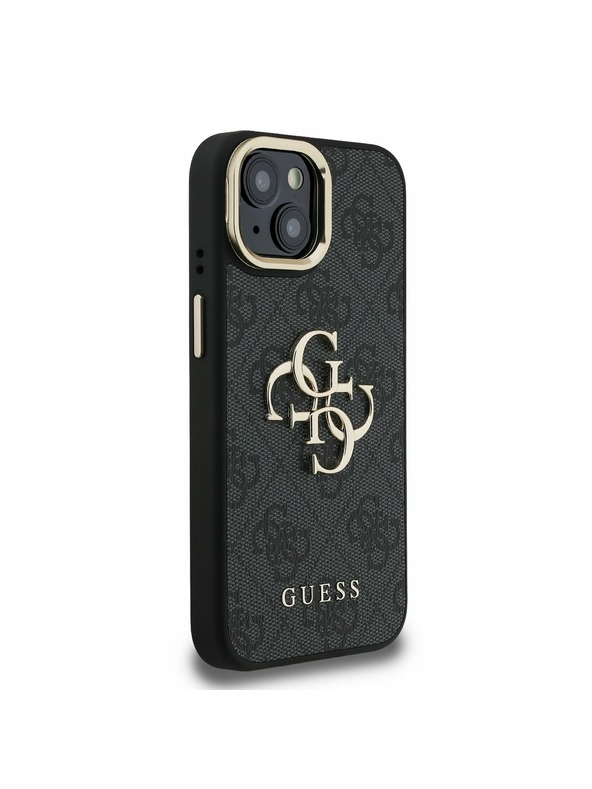 Guess Guess PU 4G Metall-Logo Ständer Kamera-Rahmen Rückseite Hülle für iPhone 15 Schwarz