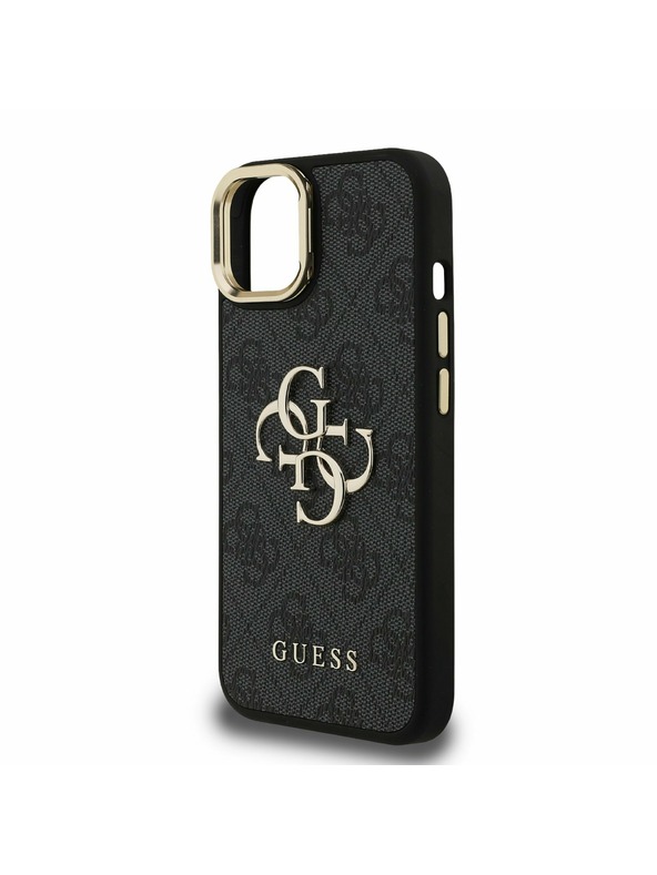 Guess Guess PU 4G Metall-Logo Ständer Kamera-Rahmen Rückseite Hülle für iPhone 15 Schwarz