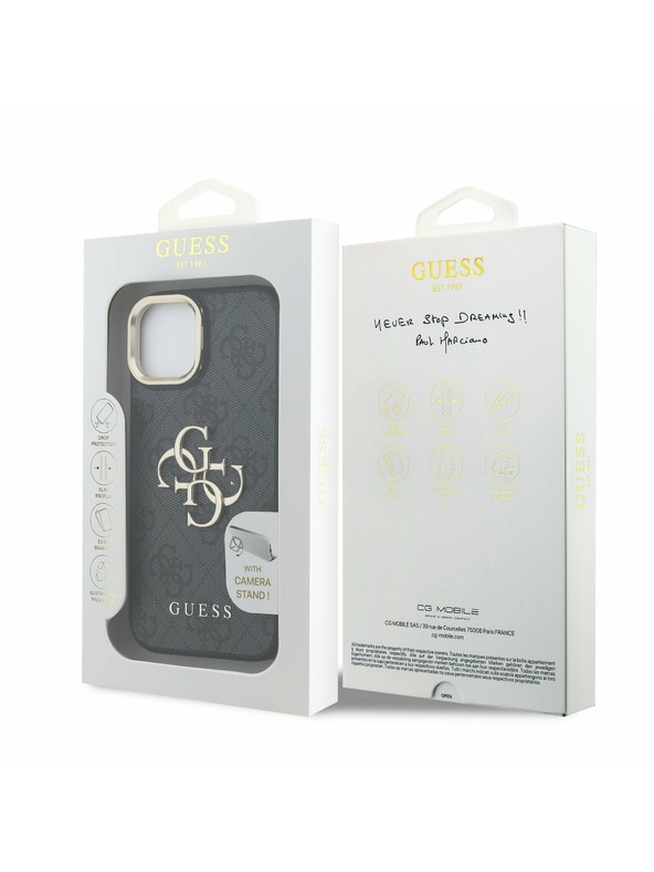 Guess Guess PU 4G Metall-Logo Ständer Kamera-Rahmen Rückseite Hülle für iPhone 15 Schwarz