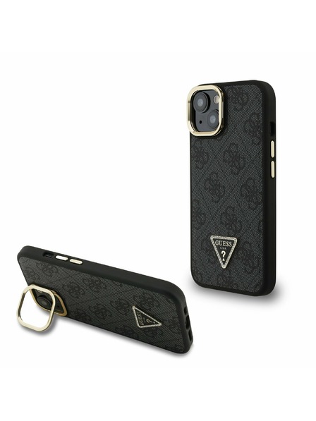Guess Guess PU 4G Strass Dreiecks-Logo Ständer Kamera-Rahmen MagSafe Rückseite Hülle für iPhone 15 Schwarz