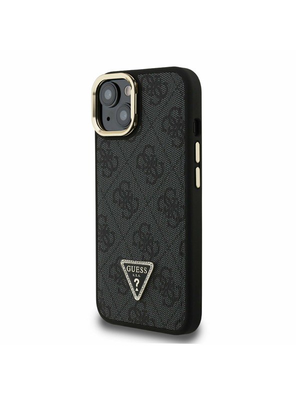 Guess Guess PU 4G Strass Dreiecks-Logo Ständer Kamera-Rahmen MagSafe Rückseite Hülle für iPhone 15 Schwarz