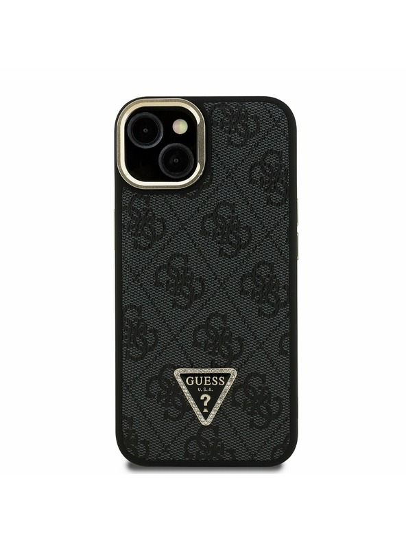 Guess Guess PU 4G Strass Dreiecks-Logo Ständer Kamera-Rahmen MagSafe Rückseite Hülle für iPhone 15 Schwarz