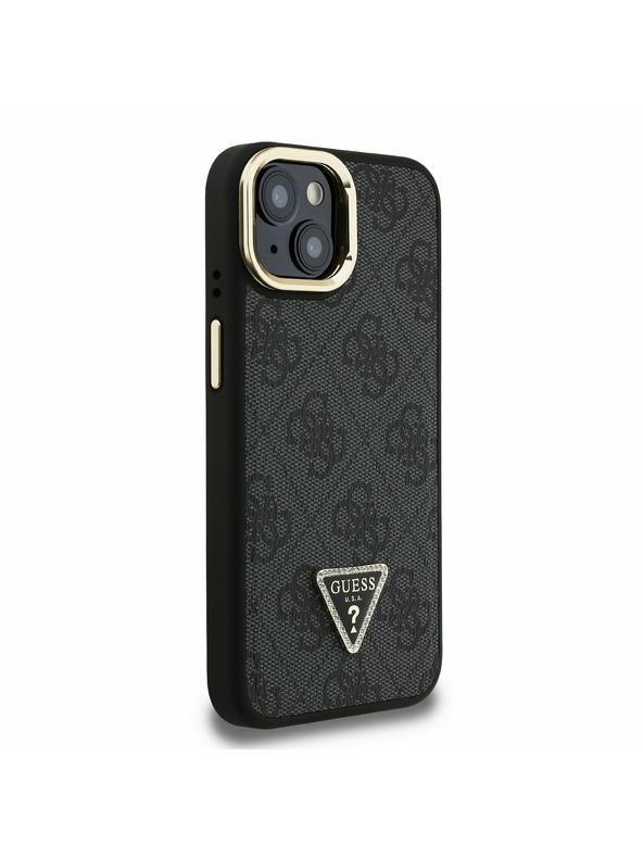 Guess Guess PU 4G Strass Dreiecks-Logo Ständer Kamera-Rahmen MagSafe Rückseite Hülle für iPhone 15 Schwarz
