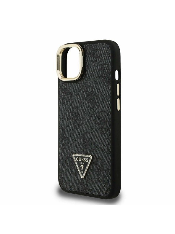 Guess Guess PU 4G Strass Dreiecks-Logo Ständer Kamera-Rahmen MagSafe Rückseite Hülle für iPhone 15 Schwarz