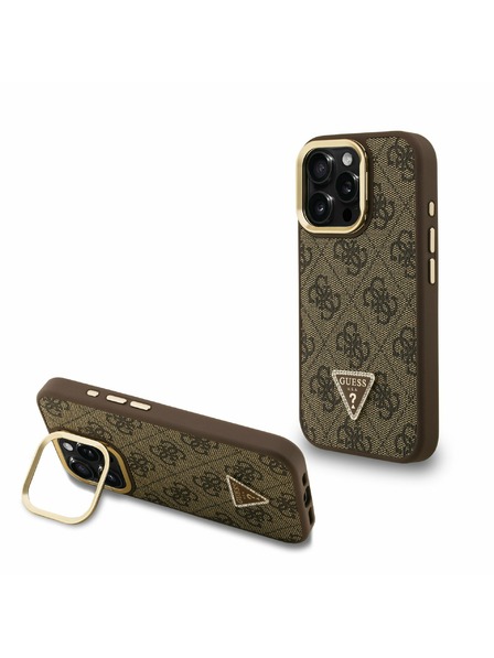 Guess Guess PU 4G Strass Dreiecks-Logo Ständer Kamera-Rahmen MagSafe Rückseite Hülle für iPhone 16 Pro Braun