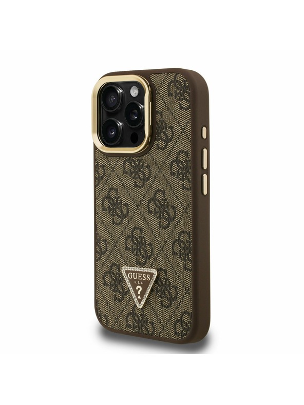 Guess Guess PU 4G Strass Dreiecks-Logo Ständer Kamera-Rahmen MagSafe Rückseite Hülle für iPhone 16 Pro Braun