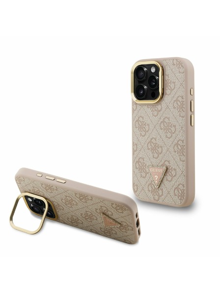 Guess Guess PU 4G Strass Dreiecks-Logo Ständer Kamera-Rahmen MagSafe Rückseite Hülle für iPhone 16 Pro Max Rosa