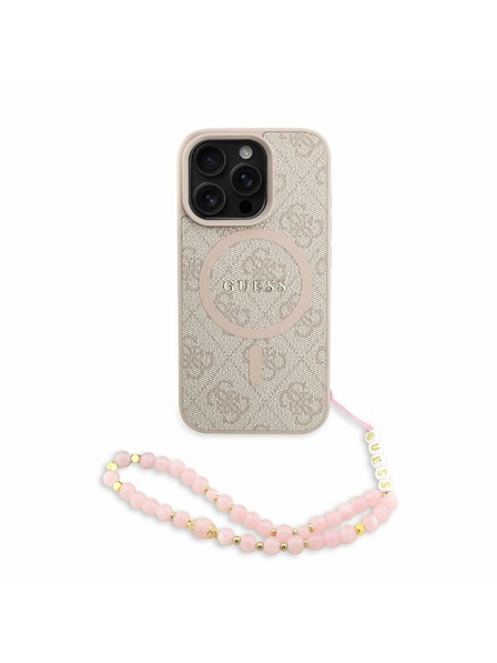 Guess Guess PU Leder 4G Farbiger Ring Riemen MagSafe Rückseite Hülle für iPhone 16 Pro Rosa