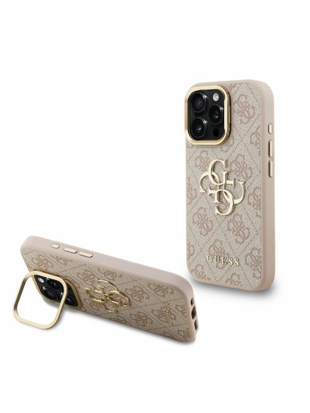 Guess Guess PU 4G Metall-Logo Ständer Kamera-Rahmen Rückseite Hülle für iPhone 16 Pro Max Rosa