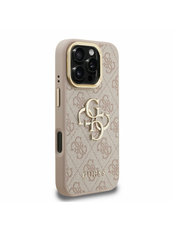 Guess Guess PU 4G Metall-Logo Ständer Kamera-Rahmen Rückseite Hülle für iPhone 16 Pro Max Rosa