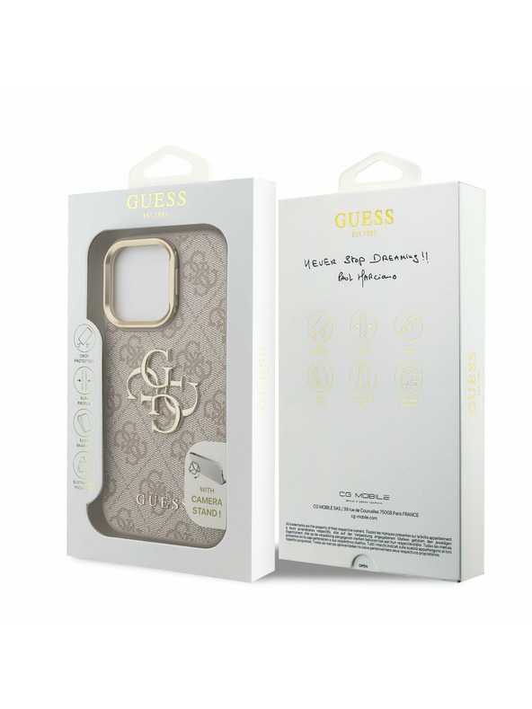 Guess Guess PU 4G Metall-Logo Ständer Kamera-Rahmen Rückseite Hülle für iPhone 16 Pro Max Rosa