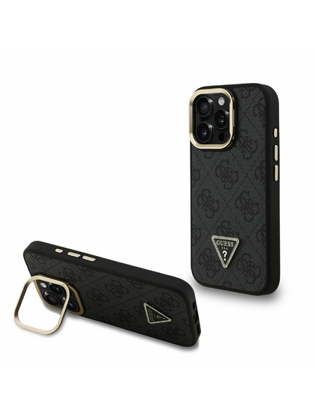 Guess Guess PU 4G Strass Dreiecks-Logo Ständer Kamera-Rahmen MagSafe Rückseite Hülle für iPhone 15 Pro Schwarz
