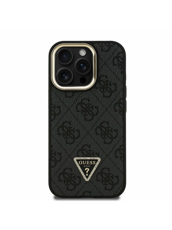 Guess Guess PU 4G Strass Dreiecks-Logo Ständer Kamera-Rahmen MagSafe Rückseite Hülle für iPhone 15 Pro Schwarz