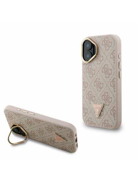 Guess Guess PU 4G Strass Dreiecks-Logo Ständer Kamera-Rahmen MagSafe Rückseite Hülle für iPhone 16 Rosa