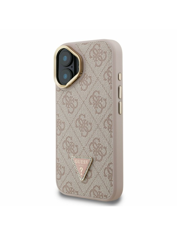 Guess Guess PU 4G Strass Dreiecks-Logo Ständer Kamera-Rahmen MagSafe Rückseite Hülle für iPhone 16 Rosa