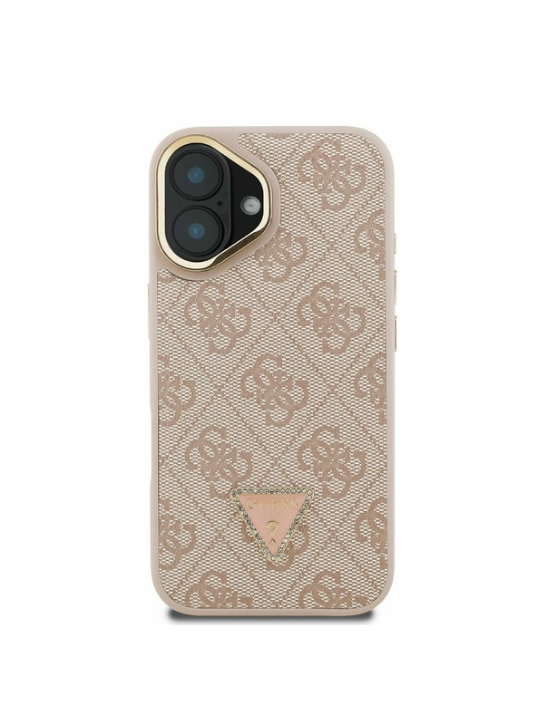 Guess Guess PU 4G Strass Dreiecks-Logo Ständer Kamera-Rahmen MagSafe Rückseite Hülle für iPhone 16 Rosa