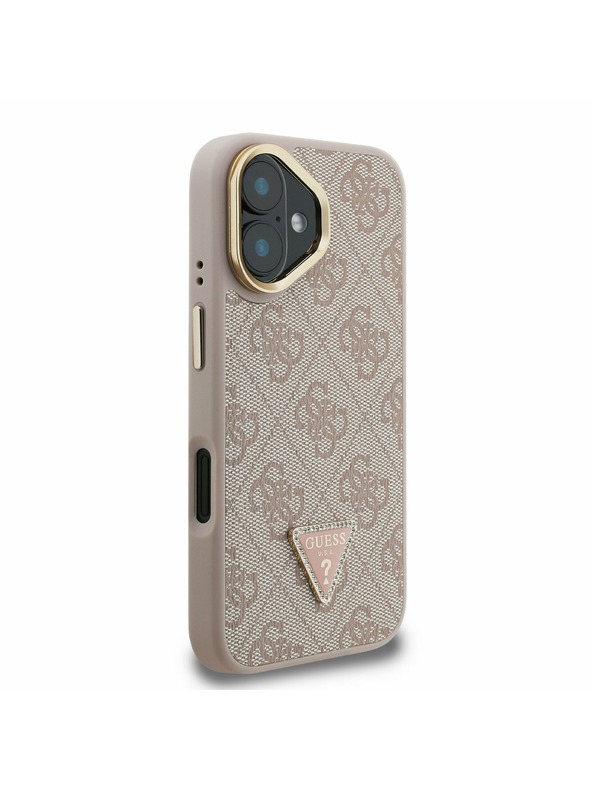 Guess Guess PU 4G Strass Dreiecks-Logo Ständer Kamera-Rahmen MagSafe Rückseite Hülle für iPhone 16 Rosa