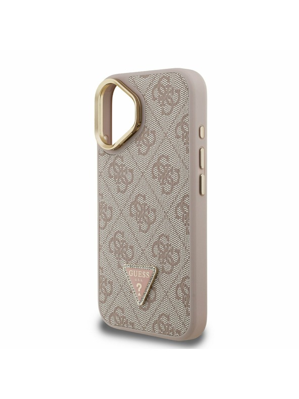 Guess Guess PU 4G Strass Dreiecks-Logo Ständer Kamera-Rahmen MagSafe Rückseite Hülle für iPhone 16 Rosa